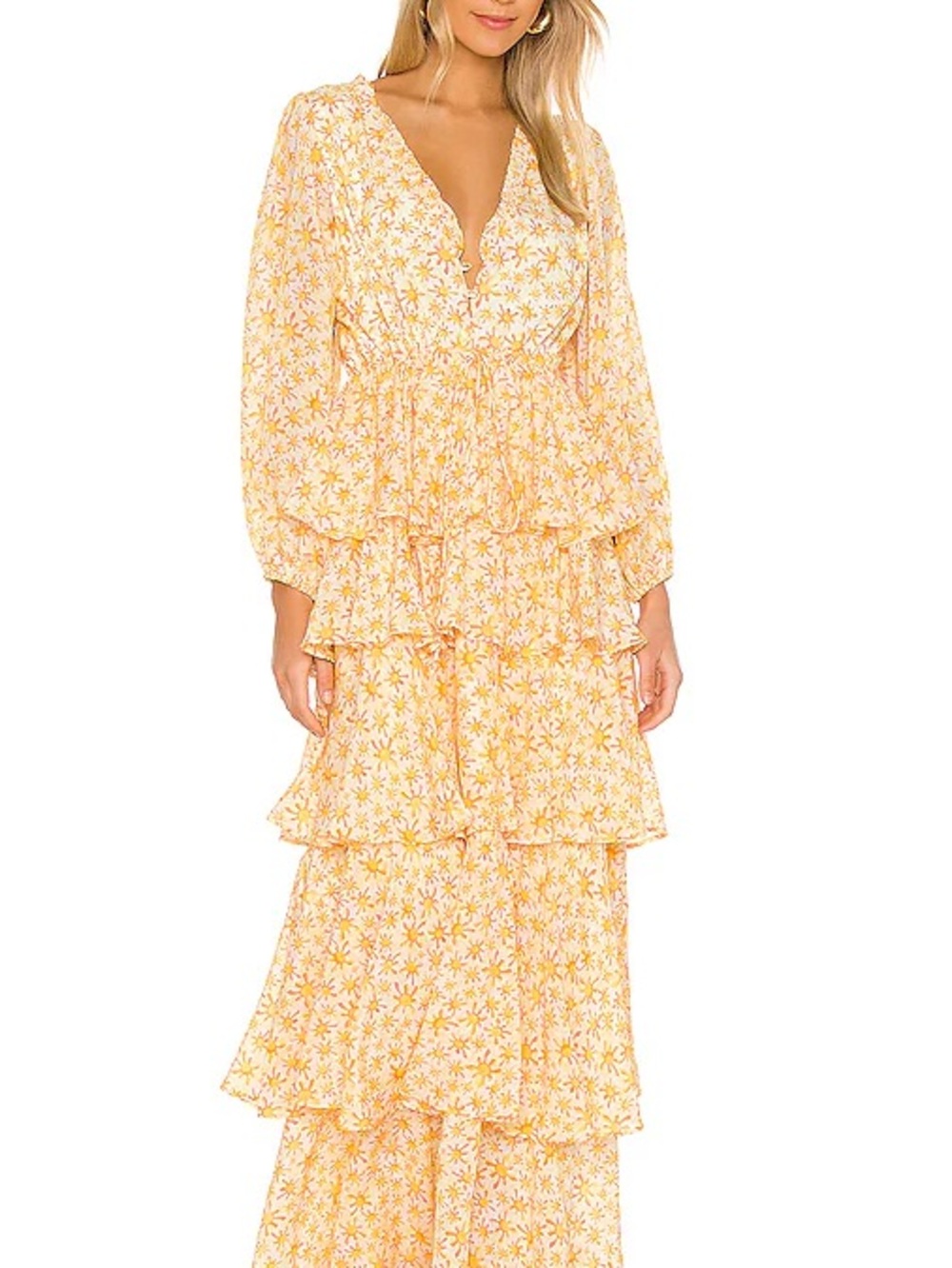 All things mochi luz Tiered Yellow Floral Maxi Dress V-Neck silk